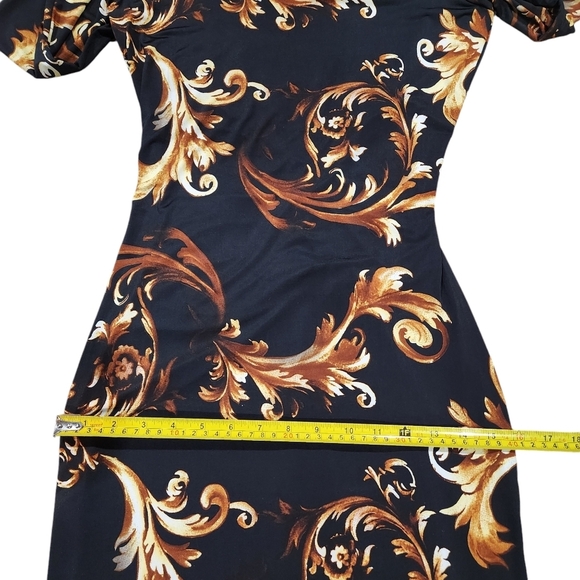 Women's Sleek ¾ Sleeve Gold and Black Swirl Back Split Maxi Dress Size Small - Picture 5 of 8